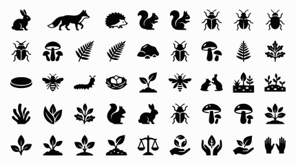 Obraz premium Silhouette icons of forest animals, insects, plants, and mushroo 