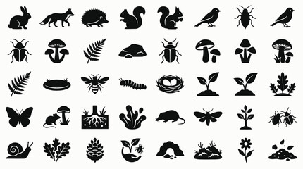 Fototapeta premium Silhouette icons of forest animals, insects, plants, and mushroo 