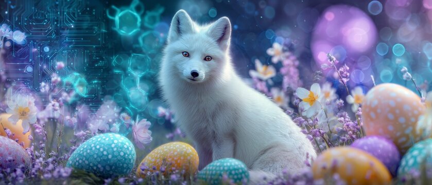 Easter wonders: a fox's heartwarming egg adventure. Ai technology. Playful white fox holding an egg, imagery of easter joy. Smart systems. Ai collaboration.