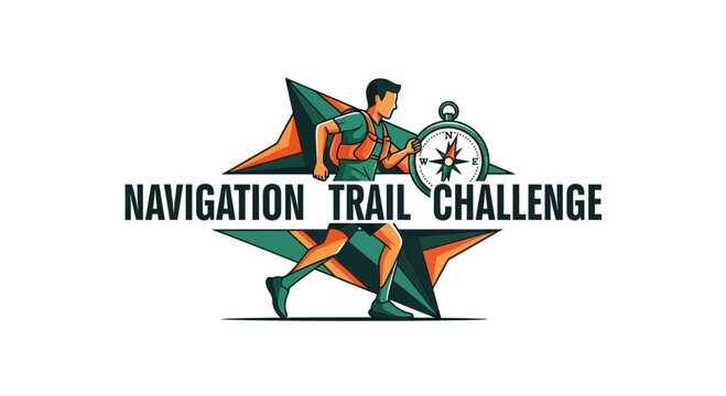 Trail Navigation Adventure Challenge Depicting a Runner Holding Compass Against Starburst