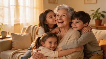 Obraz premium A heartwarming scene of a senior woman surrounded by her loving grandchildren in a cozy living room, capturing a tender moment of family bonding and affection.