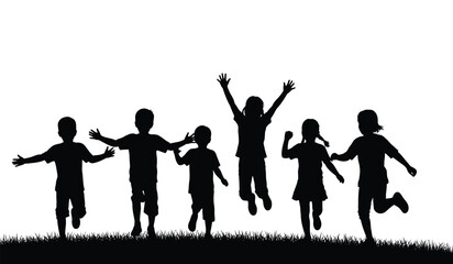 A group of children joyfully running and playing together in a field of grass captured as a striking silhouette high quality professional detailed modern © Thysl2000