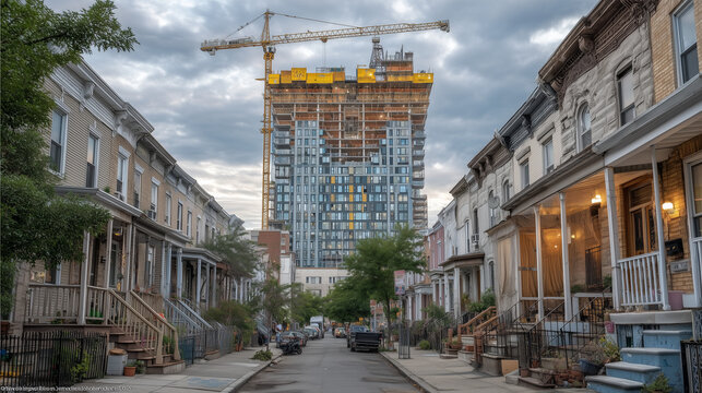 Massive luxury apartment complex rising beside crumbling brick walk-up in dense neighborhood, construction cranes above, longtime residents on stoops below, urban housing disparity, gentrification p
