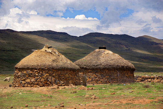 LESOTHO AFRICA: Traditional style of housing in Lesotho is called a rondavel. The roof itself is made out of thatch that is sewn to the wooden braces with rope