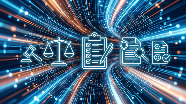 Legal compliance and digital regulation concept with glowing icons on a high speed data tunnel background