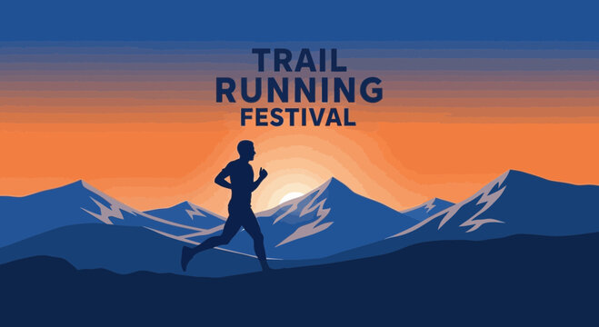 Trail Running Festival Silhouette Against the Majestic Mountain Sunset Scene Artwork