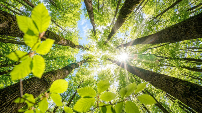 Low angle view looking up at a lush green forest canopy with bright sunbeams shining through trees