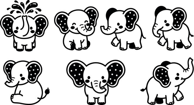 Black and white cute baby elephant characters with spots on ears in various poses