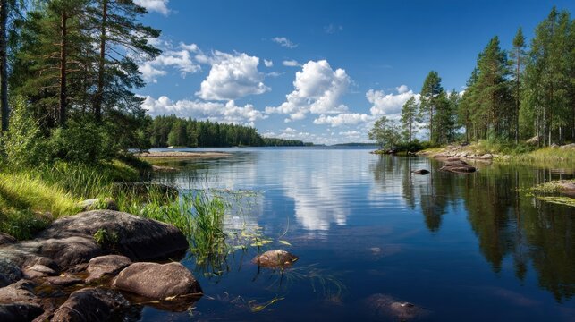 Tranquil lake landscape with reflections of sky and trees under a clear sky