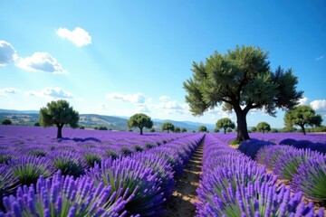 Fototapeta premium Ancient olive trees dot a vast lavender expanse under a bright Proven?al sky , travel, farm