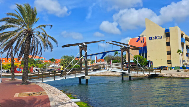 Princess Amalia Pedestrian Bridge at Waaigat Harbor Willemstad Curacao Netherlands Antilles UNESCO World Heritage Site in Southern Caribbean. 03.01.26