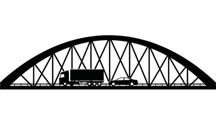 A stark black silhouette depicts a large transport truck and a compact car traversing a striking arched bridge structure silhouette high quality professional detailed © Itz