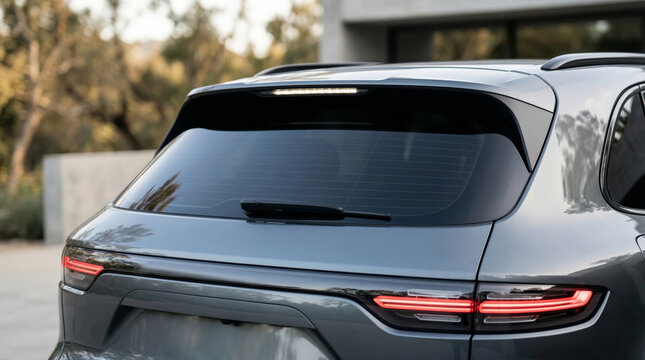 Modern luxury SUV rear view close up detailing sleek design tail lights and spoiler parked in suburban driveway