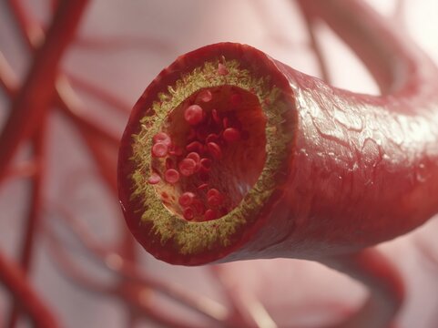 Cross-section of a healthy artery showing red blood cells flowing through the lumen