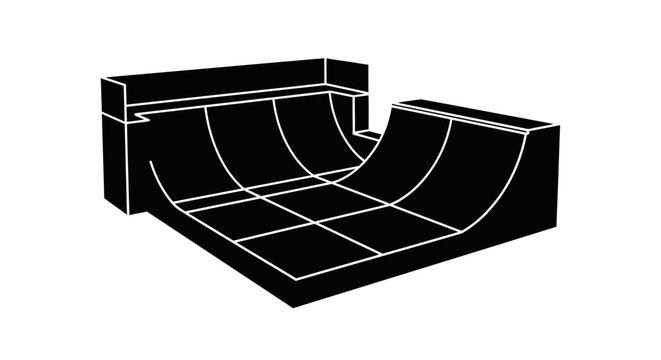A stark black and white illustration depicts a concrete skatepark featuring a halfpipe and quarterpipe rendered as a striking silhouette high quality professional detailed