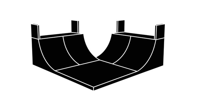 A minimalist depiction of a black skatepark ramp featuring a halfpipe and quarterpipe design presented as a silhouette high quality professional detailed modern elegant