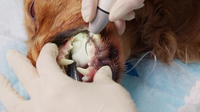 Professional veterinarian cleaning the teeth of an english cocker spaniel with an ultrasonic scaler, removing plaque and tartar from the animal under sedation in a veterinary clinic, close-up