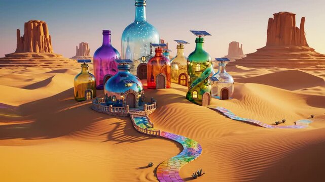 Fantasy desert landscape with whimsical bottle houses and colorful stone path in monument valley style