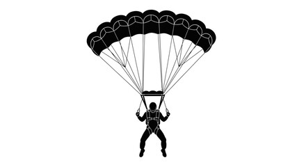 A striking black and white depiction showcases a skydiver descending with a fully deployed parachute against a plain background a distinct silhouette high quality © Itz