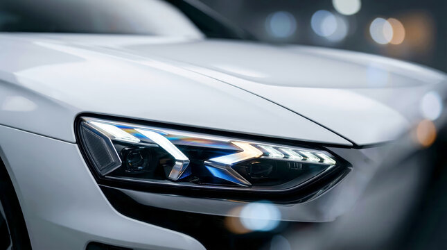 Sleek White Modern Luxury Sport Car Front Headlight Detail with Advanced LED Lighting Technology and Bokeh Effect