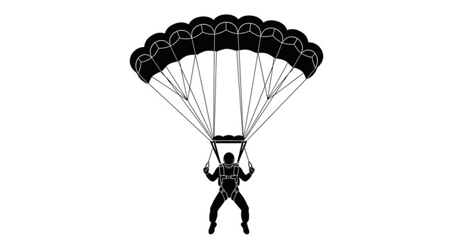 A striking black and white depiction showcases a skydiver descending with a fully deployed parachute against a plain background a distinct silhouette high quality