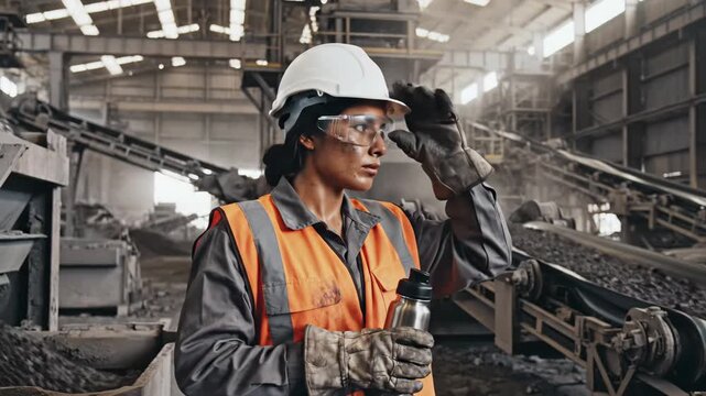 Female mining engineer inspecting conveyor belts inside industrial plant with protective gear and water bottle