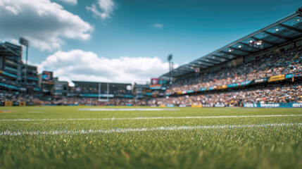 Obraz premium Close-up view of green grass pitch with white field lines in a blurred sports stadium filled with a large crowd of spectators and a partly cloudy blue sky, captured during a daytime football match.