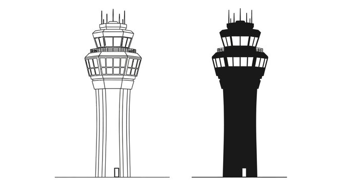 This image showcases a detailed architectural rendering of an air traffic control tower presented in both outlined and solid black silhouette high quality professional