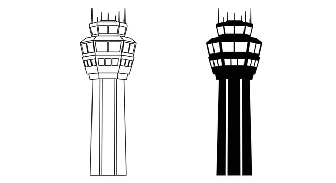 A striking comparison of two air traffic control towers one white and one black presented as a graphic illustration silhouette high quality professional detailed