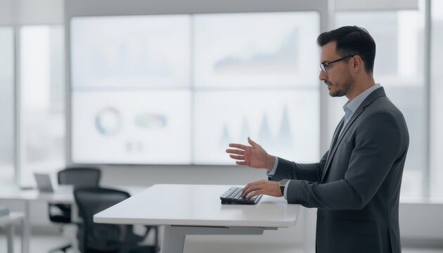 Medium shot capturing a public sector pension actuary adjusting assumptions on large display screens while office details fade into the background for clarity.