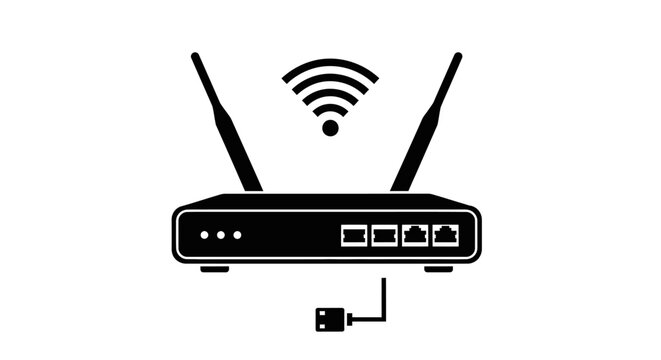 A stark black silhouette depicts a wireless router with prominent antennas and ports showcasing modern connectivity technology silhouette high quality professional detailed elegant stylish