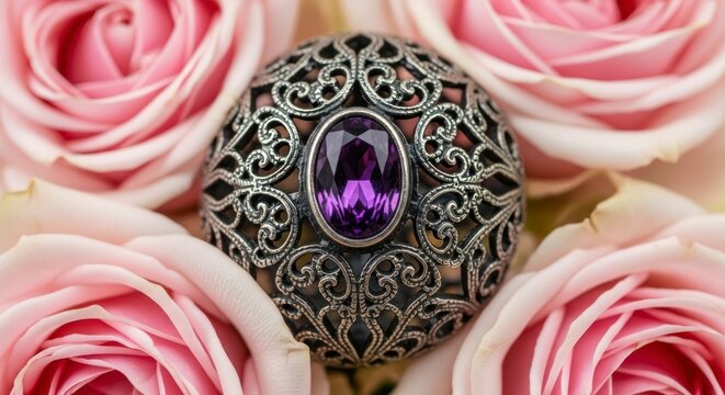 Ornate Silver Filigree Ring with a Deep Amethyst Gemstone on a Bed of Pink Roses.