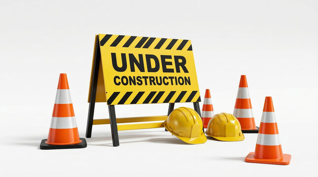 Under construction warning sign on a folding stand with safety helmets and traffic cones on white background