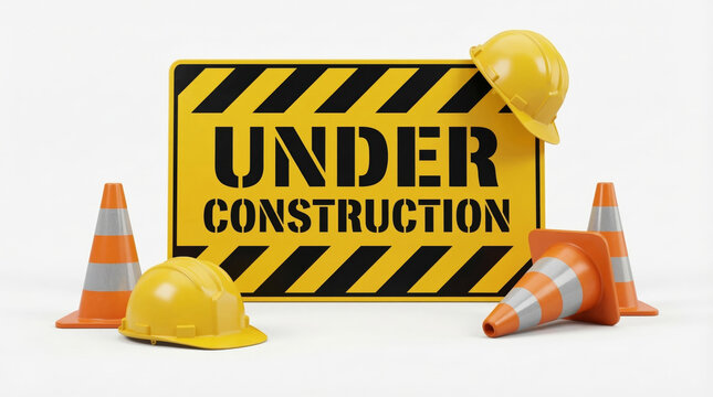 Under construction warning sign with yellow hard hats and orange traffic cones isolated on white background