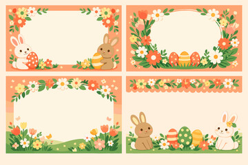 Naklejka premium Set of four cute Easter greeting card templates featuring adorable bunnies, colorful patterned eggs, and vibrant spring floral frames in peach, yellow, and green colors for holiday invitations.