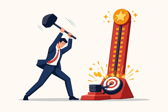 Businessman in a suit swinging a heavy hammer at a high striker strength tester machine to hit the target and reach the star at the top, symbolizing business success, power, and achievement.