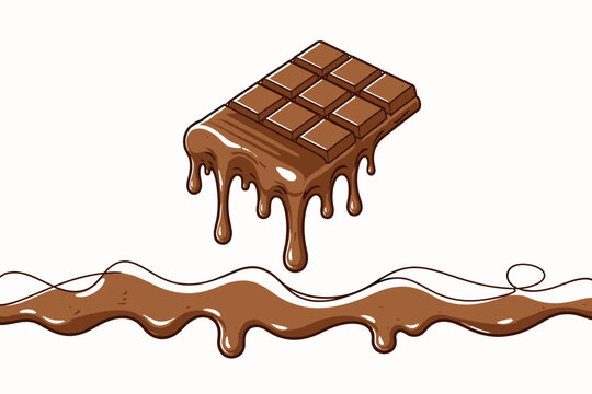Melting Milk Chocolate Bar with Liquid Cocoa Dripping and Continuous Line Art Wave Background, Simple Flat Vector Illustration of Sweet Dessert and Confectionery for Food Design Projects