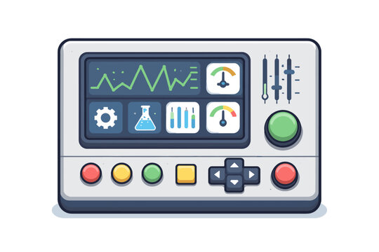 Industrial Control Panel Vector Illustration with Digital Screen Displaying Data Graphs, Gauges, and Icons, Featuring Physical Buttons, Sliders, and Directional Pad for Machinery Monitoring.