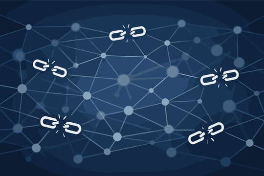 Digital network web of connection lines with several broken chain icons and faded nodes representing dead links, disconnected communication, system failure, and cybersecurity vulnerabilities.