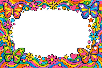 Obraz premium Colorful Groovy Retro Butterfly Border with Funky Psychedelic Flowers and Hearts, Vibrant Y2K Aesthetic Frame Design for Posters and Invitations, 70s Hippie Style Background with Copy Space