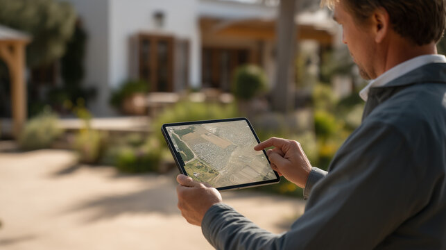 Real estate agent holding tablet with aerial drone map of listed property during backyard tour with buyers, outdoor spring morning, property boundary walkthrough, listing presentation tool, resident
