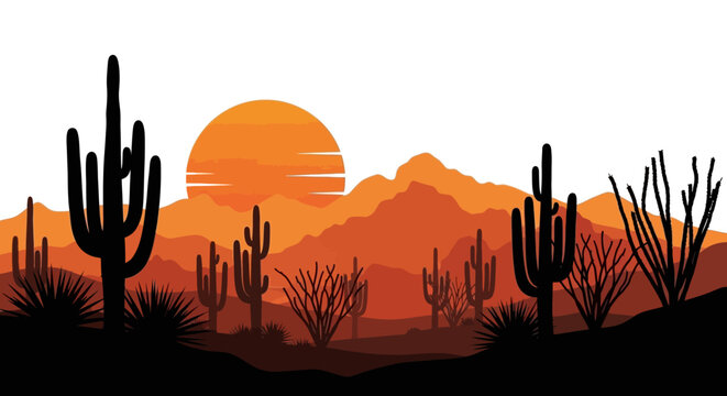A vibrant desert landscape unfolds with towering saguaro cacti and distant mountains bathed in warm orange sunset hues creating a striking silhouette high quality