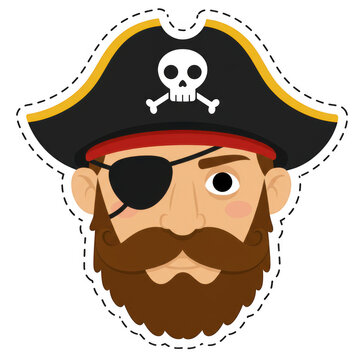 Cartoon pirate face with eye patch and hat isolated on transparent background
