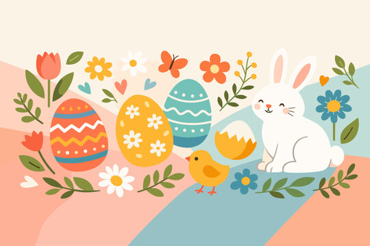 Happy Easter Horizontal Banner with Cute White Rabbit, Little Yellow Chick, Colorful Decorated Eggs, and Blooming Spring Flowers. Vector Illustration for Greeting Cards, Headers, and Posters.