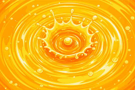 Vibrant Yellow Liquid Splash and Ripple Effect with Crown Shape from a Droplet Impact, Top View Vector Illustration of Orange Juice, Honey, or Oil Surface with Concentric Waves and Bubbles