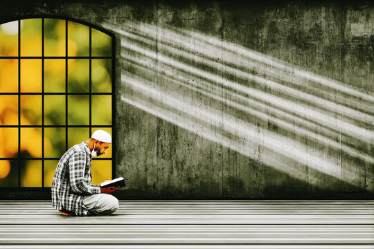 A Muslim man sits serenely, engrossed in reading a holy book near a window, bathed in sunlight