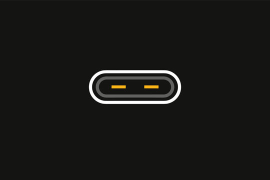 USB Type-C Port Icon Isolated on Black Background, Simple Flat Vector Illustration of Universal Serial Bus Connector for Technology, Hardware, Data Transfer, and Charging Device Interface Design