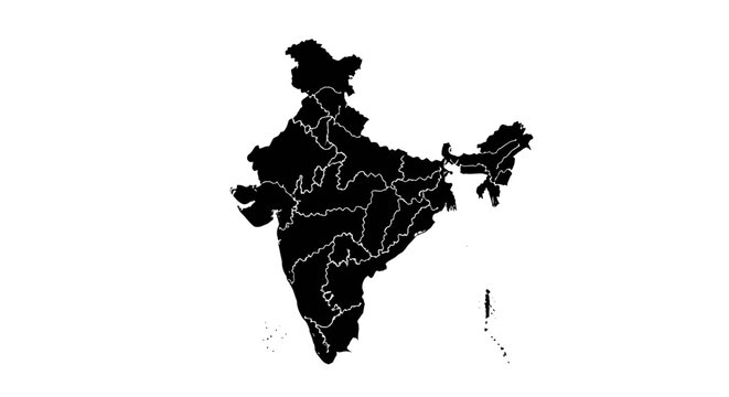 A stark black silhouette depicts the geographical boundaries of india showcasing its states and territories in detail silhouette high quality professional detailed modern elegant