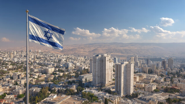 Israeli flag waving above modern Middle Eastern city with urban skyline desert surroundings and clear sky