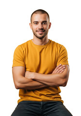 Fototapeta premium Young handsome man in a mustard yellow t-shirt, arms crossed, smiling confidently in a high-key photorealistic studio portrait against a saturated lemon yellow backdrop. Concept for professional
